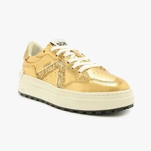 Schutz ST-BOLD Leather Sneakers Sequin Embellished Gold White Womens Size US 8B